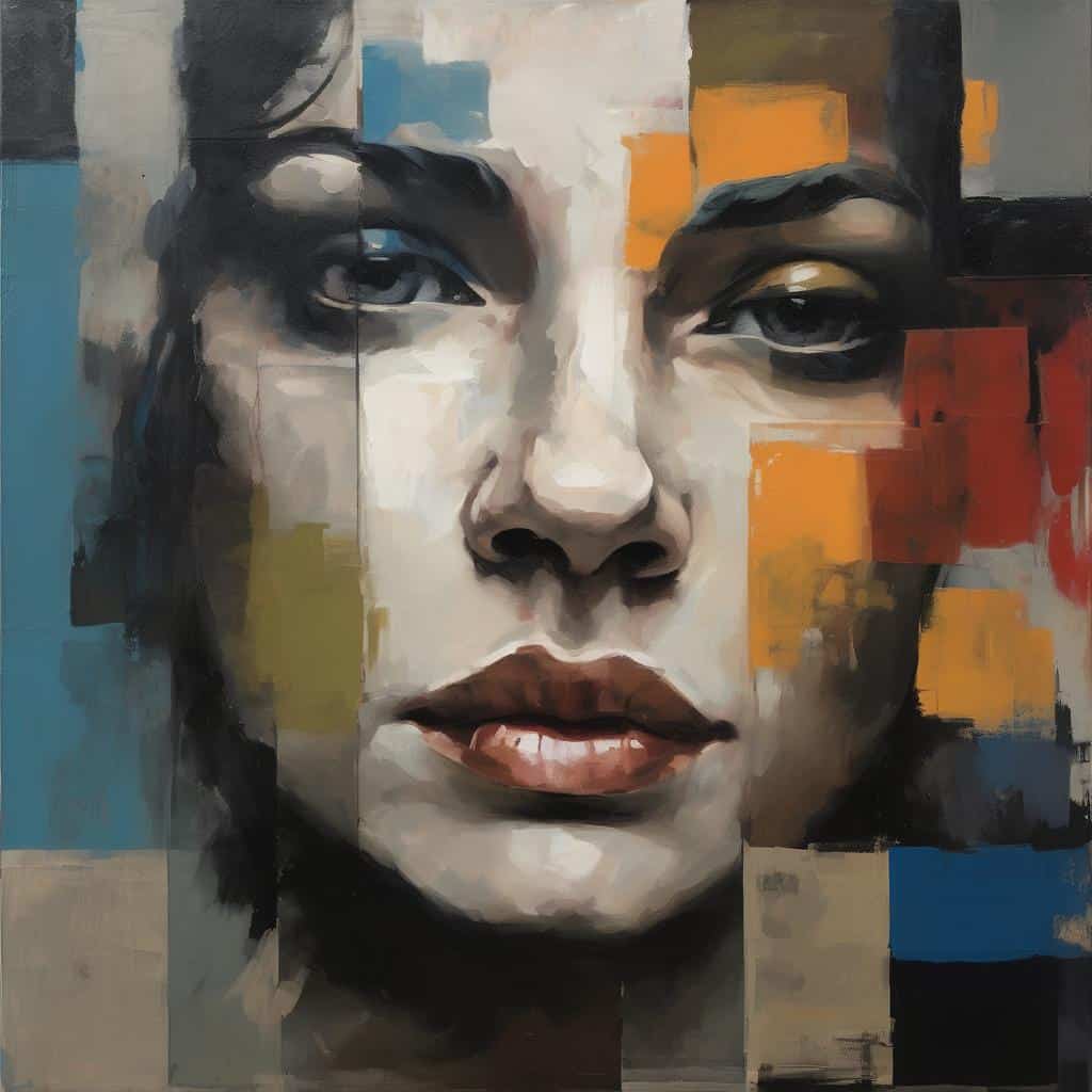 Ζωγραφική πορτρέτου ψυχική έκφραση με έντονη κίνηση και δυναμισμό, τέχνη της κίνησης και της εκφραστικότητας αποτυπωμένη σε καμβά.