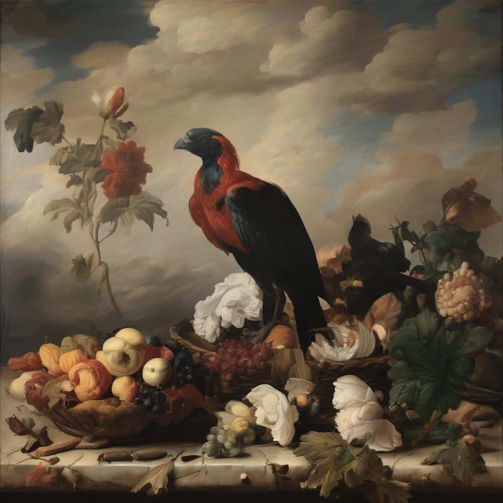 Λευκός πίνακας με πουλιά και λουλούδια, την τέχνη της κίνησης και της εκφραστικότητας.